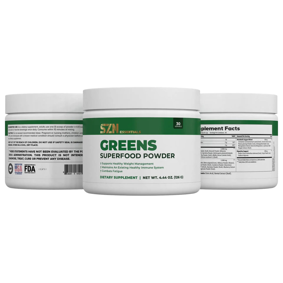 Three containers of SZN Essentials Greens Superfood Powder on a white background