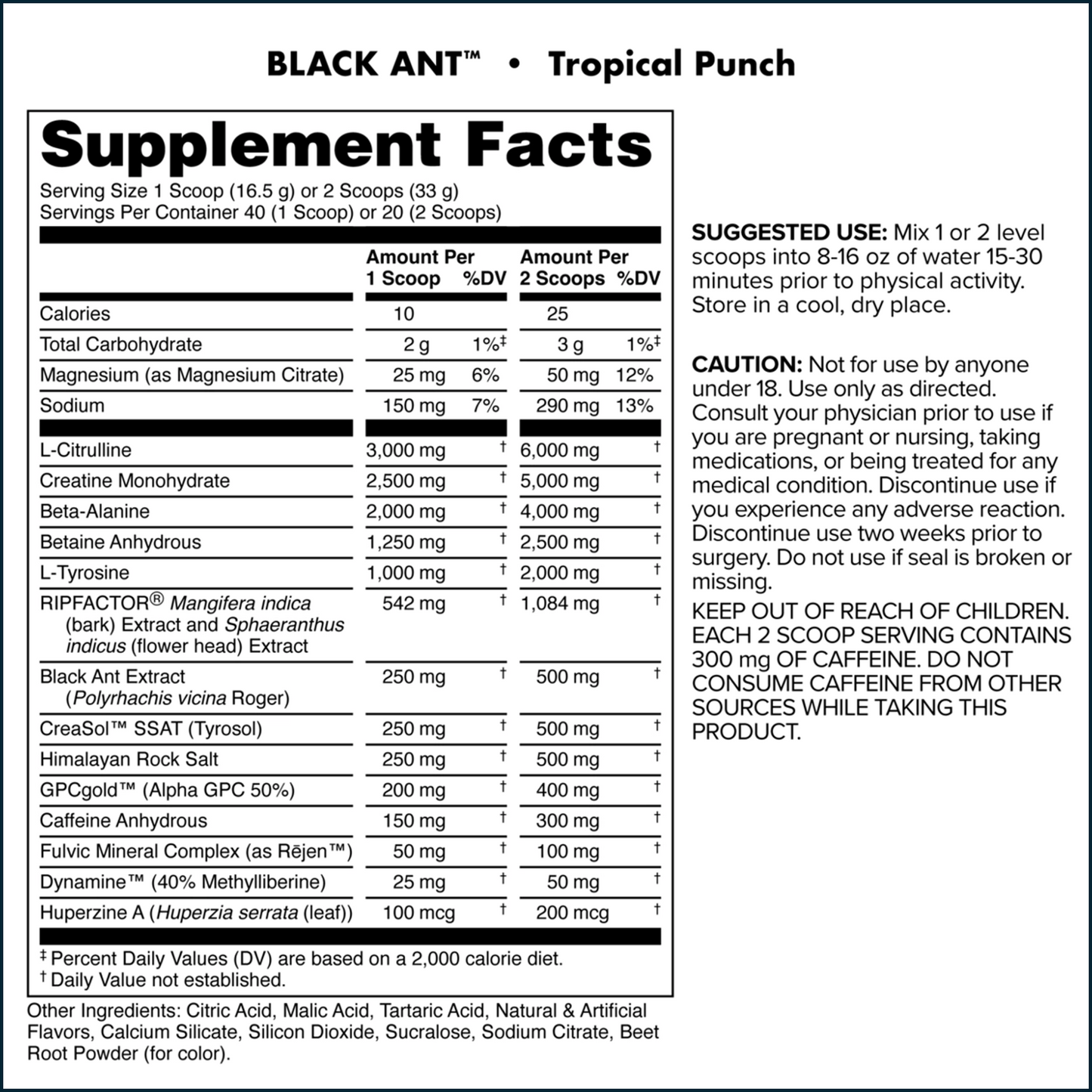 Supplement facts label for Black Ant Tropical Punch supplement on a white background