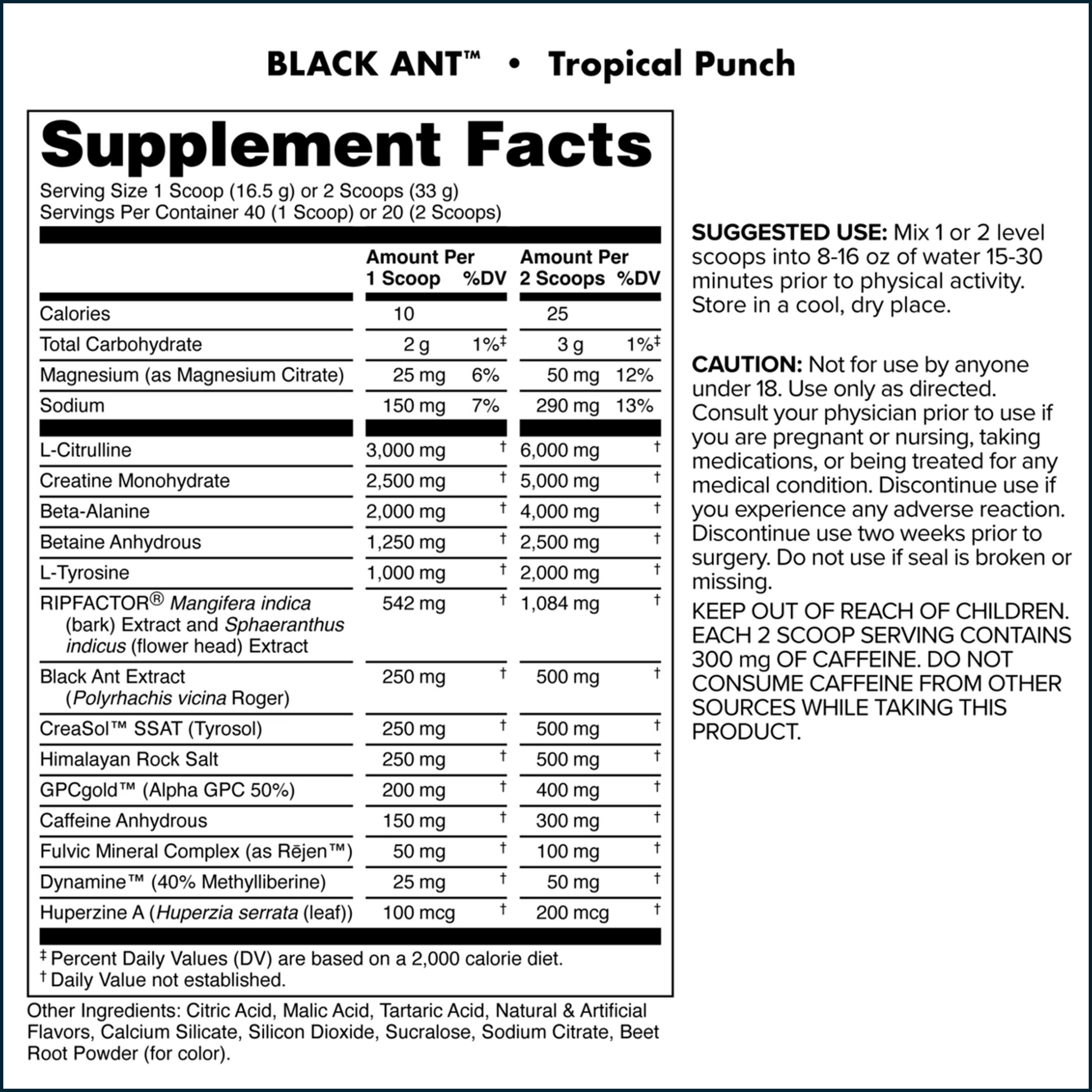 Supplement facts label for Black Ant Tropical Punch supplement on a white background