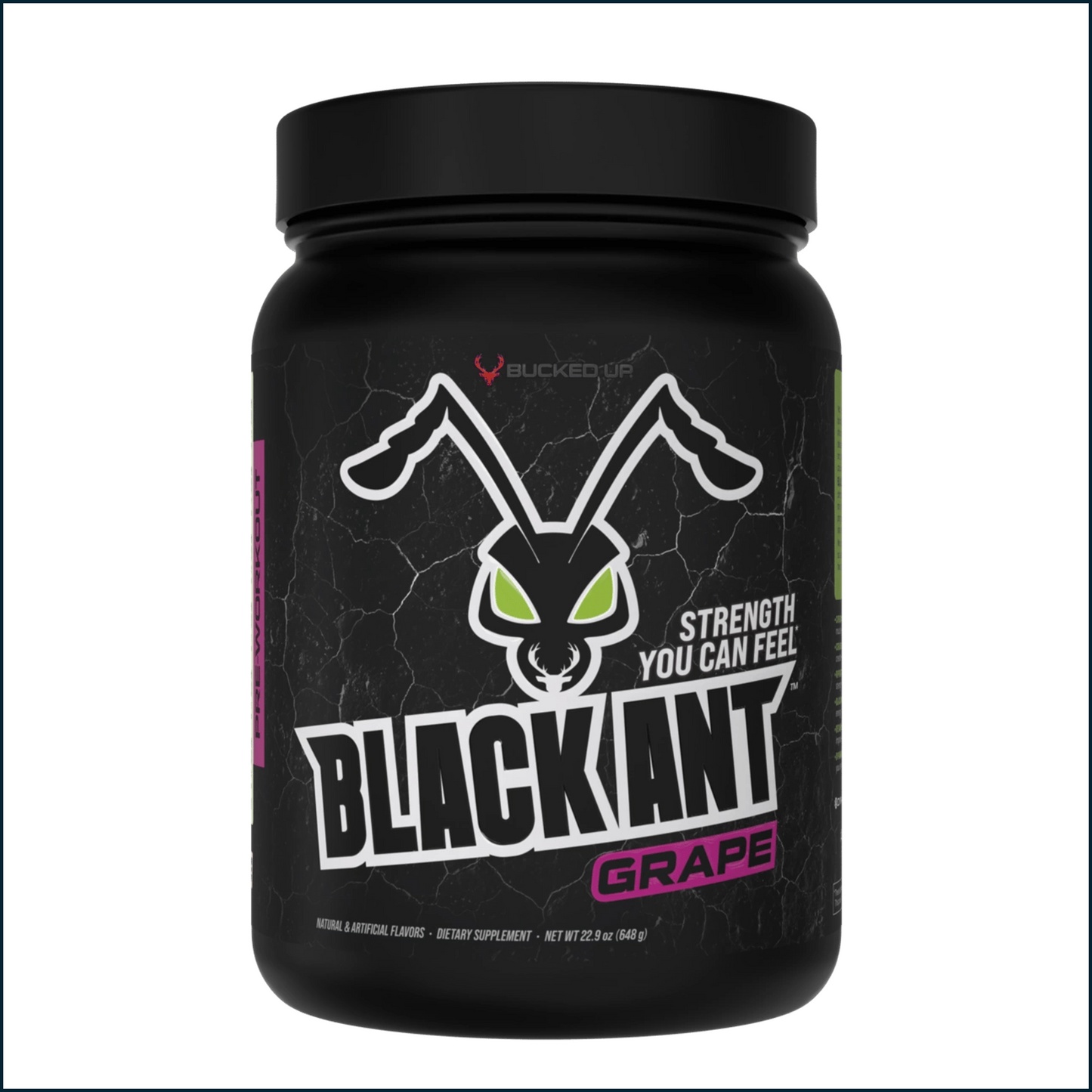 BlackAnt supplement container with black lid on a white background