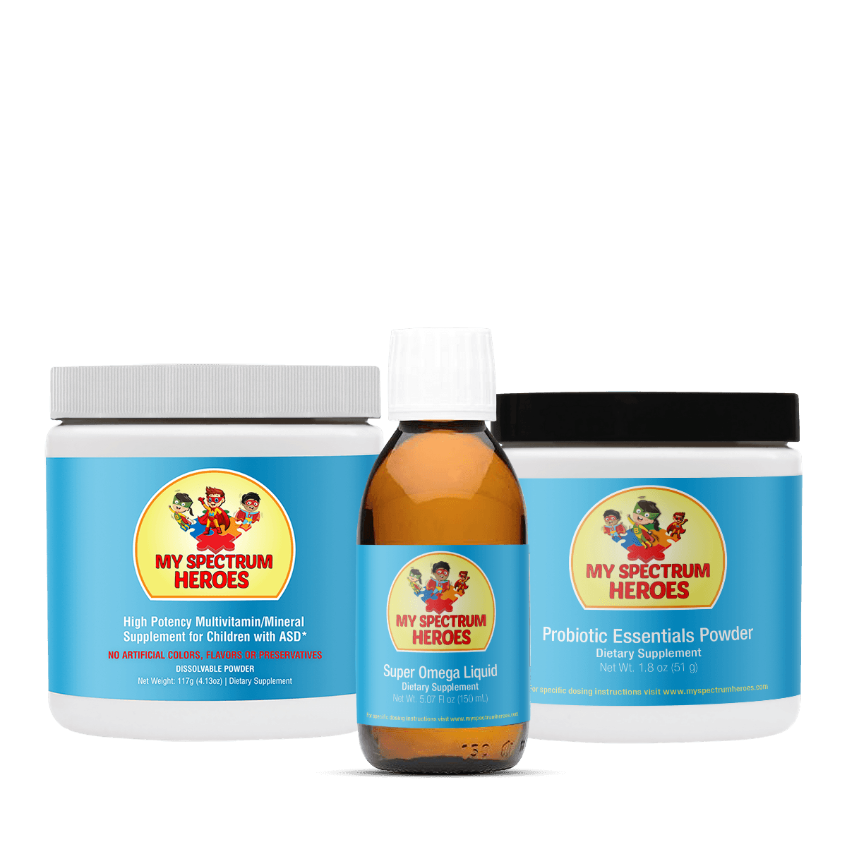 Three 'My Spectrum Heroes' products including a powder jar, bottle, and container on a white background.