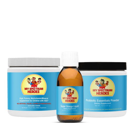 Three 'My Spectrum Heroes' products including a powder jar, bottle, and container on a white background.