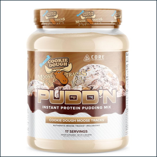 Moose Tracks Pudd'n Instant Protein Pudding Mix container with cookie dough flavor on a white background