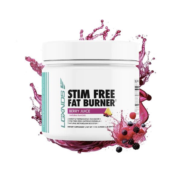 Fat burner supplement container with berry juice flavor on a white background
