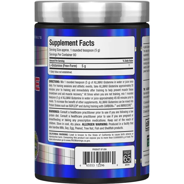 Back view of a blue and silver All-In-One PRO 65 protein powder supplement bottle, showing the Supplement Facts label and directions.