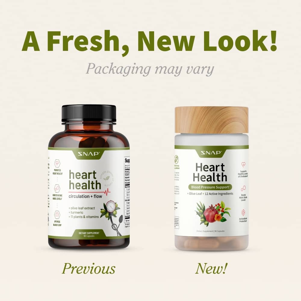 Two supplement bottles labeled 'Heart Health' with text indicating a fresh new look and varying packaging.
