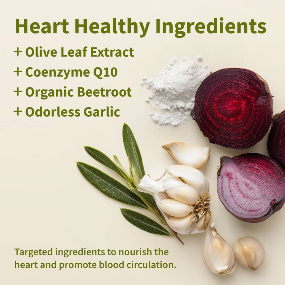 Heart healthy ingredients including olive leaf extract, coenzyme Q10, organic beetroot, and odorless garlic on a light background.