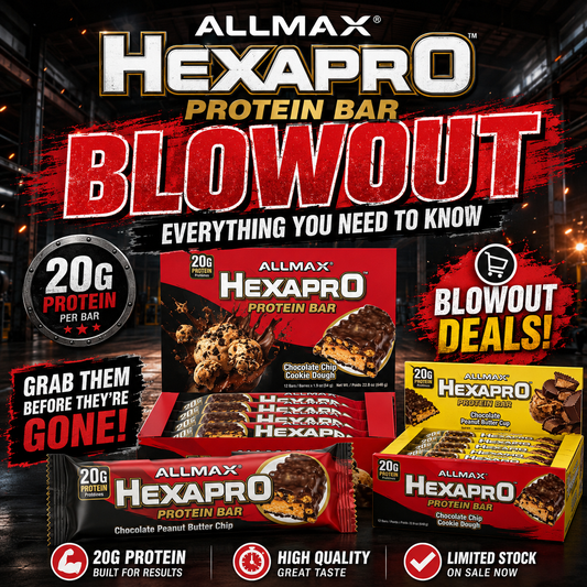 Promotional collage for Allmax Hexapro Protein Bar Blowout deals, showing multiple packaged protein bars and boxes in red, black, and yellow packaging with large marketing text on a dark background.