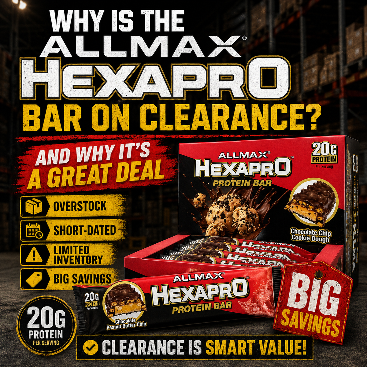Promotional clearance graphic for Allmax Hexapro protein bars, showing multiple red and brown packaged bars, large text about being on clearance, and sale callouts including 'Big Savings' and '20g Protein'.
