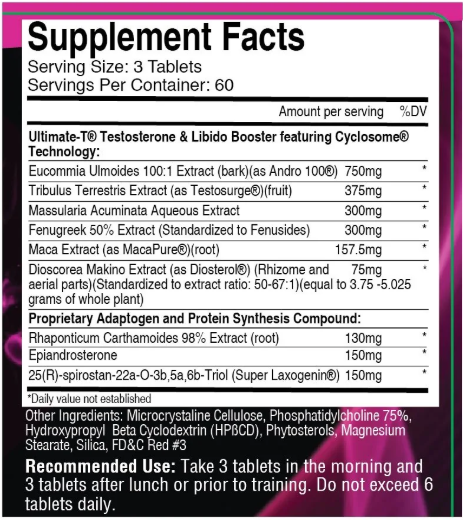 Supplement label with detailed ingredient list and usage instructions on a purple background