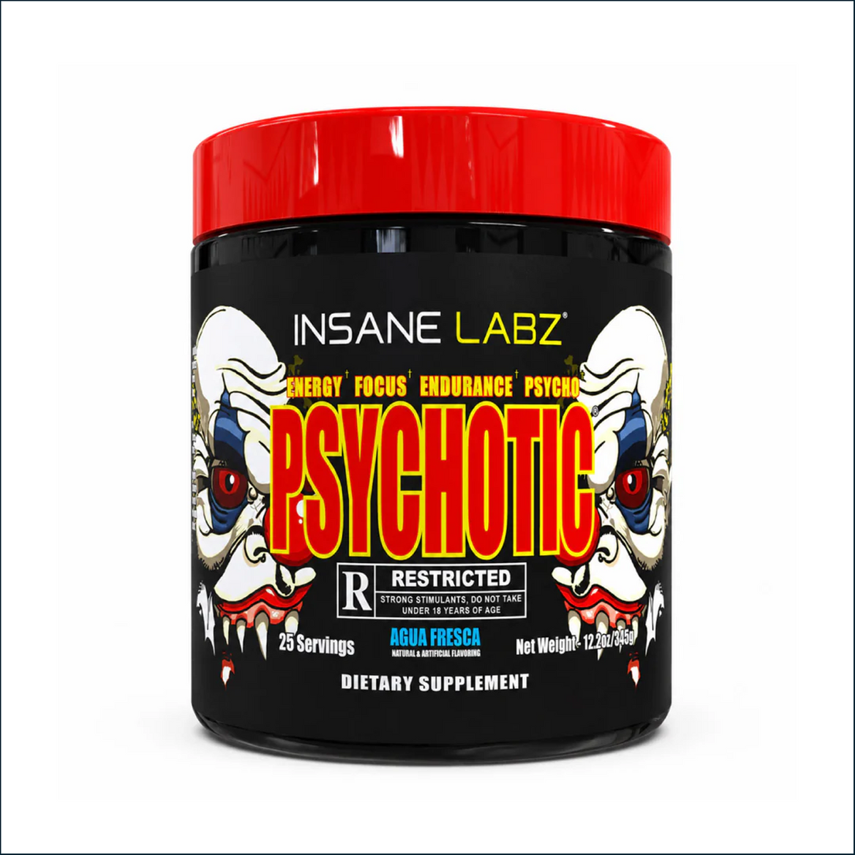 Insane Labz Psychotic dietary supplement container with red lid on a white background