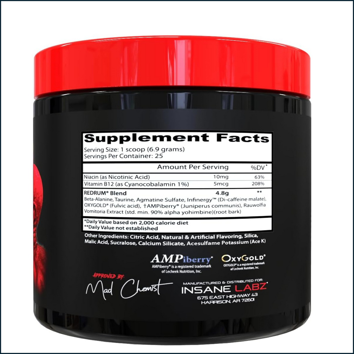 Black supplement container with red lid displaying supplement facts and brand information.