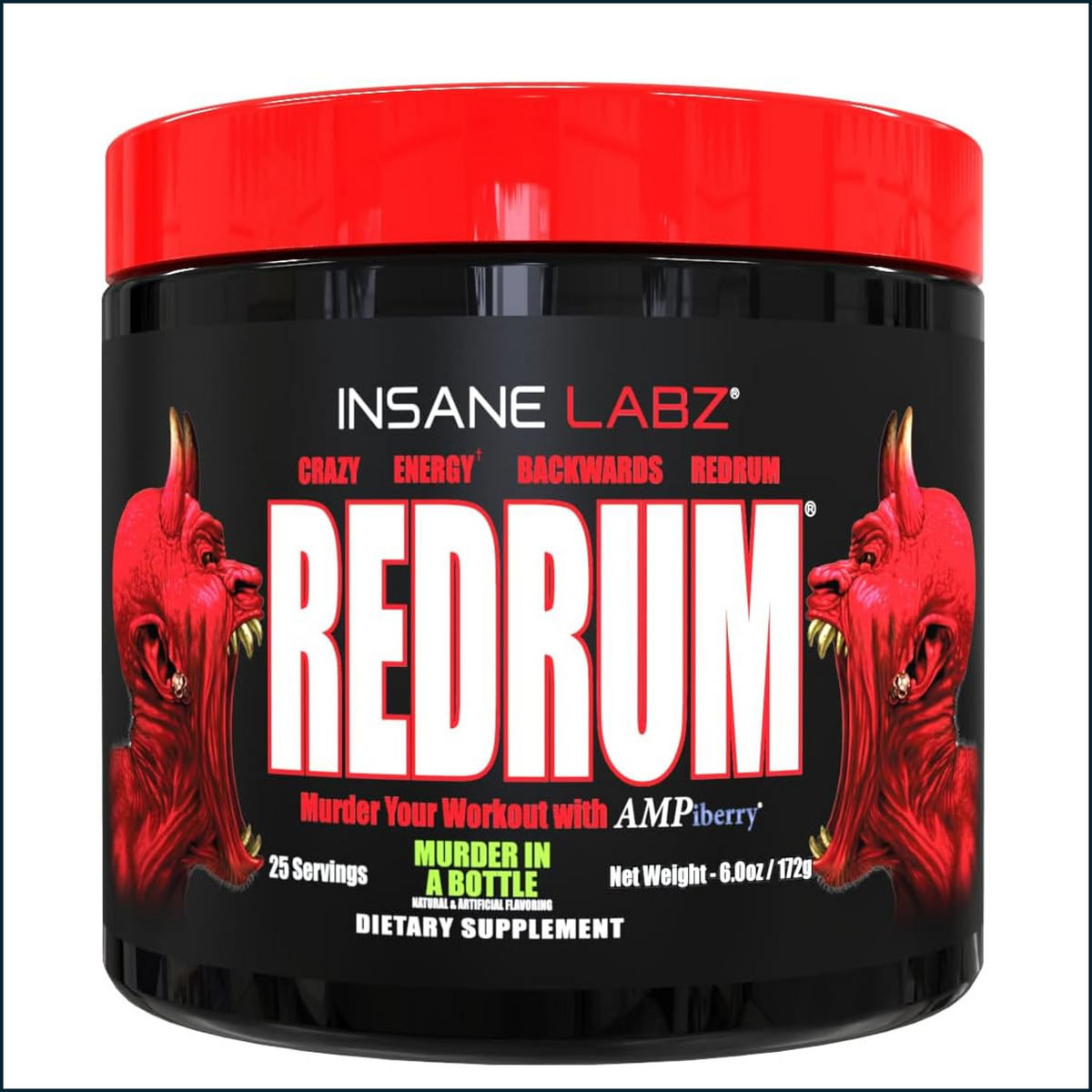 Insane Labz Redrum supplement container with red and black design