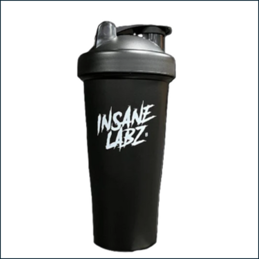 Black shaker bottle with 'Insane Labz' logo on a white background