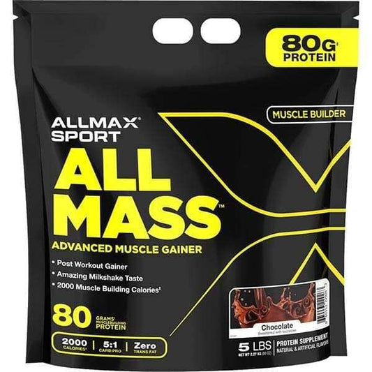 AllMax Sport All Mass Advanced Muscle Gainer package on a black background