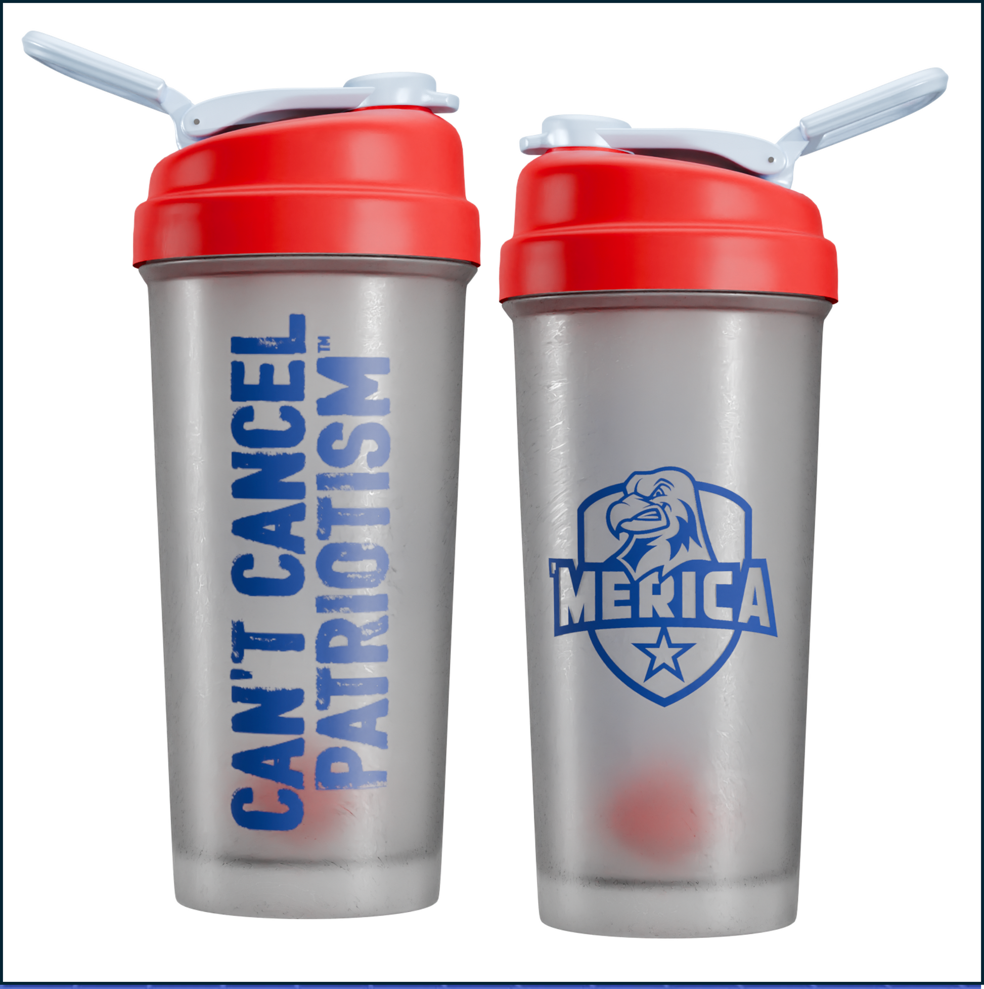 Two stainless steel shakers with red lids, one featuring 'Can't Cancel Patriotism' text and the other with 'MERICA' logo.