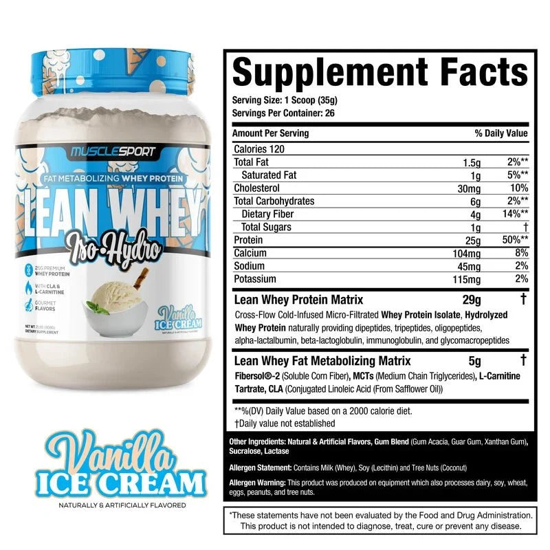 MuscleSport Lean Whey Iso Hydro with CLA, MCTs & L-Carnitine - 2lbs