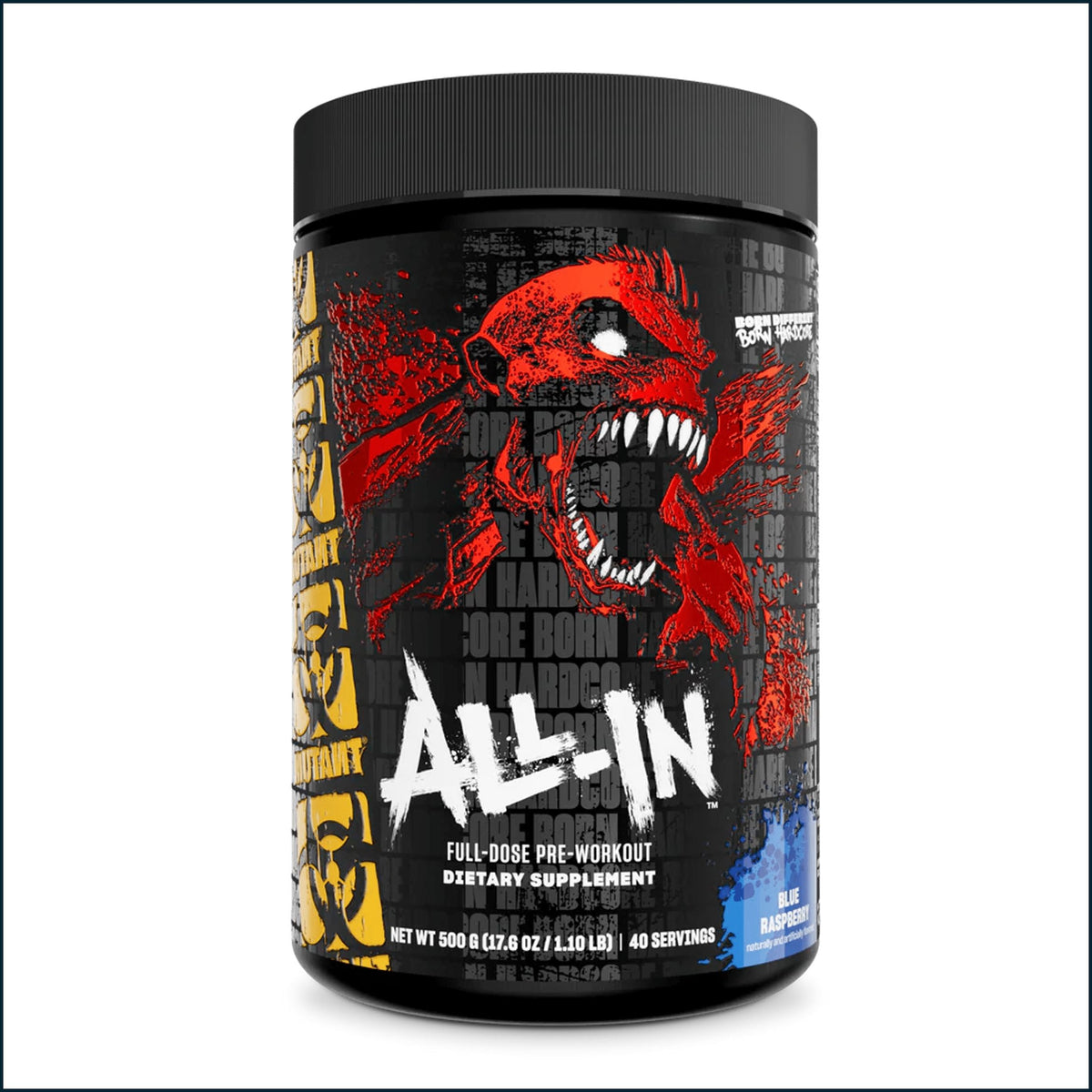 A black plastic tub of All-In Full-Dose Pre-Workout dietary supplement by Beast Mode Nutrition, featuring a bold red monster graphic and white text on a black label.