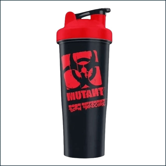 A black shaker bottle with a bright red lid and a red MUTANT logo on the front, set against a plain white background.