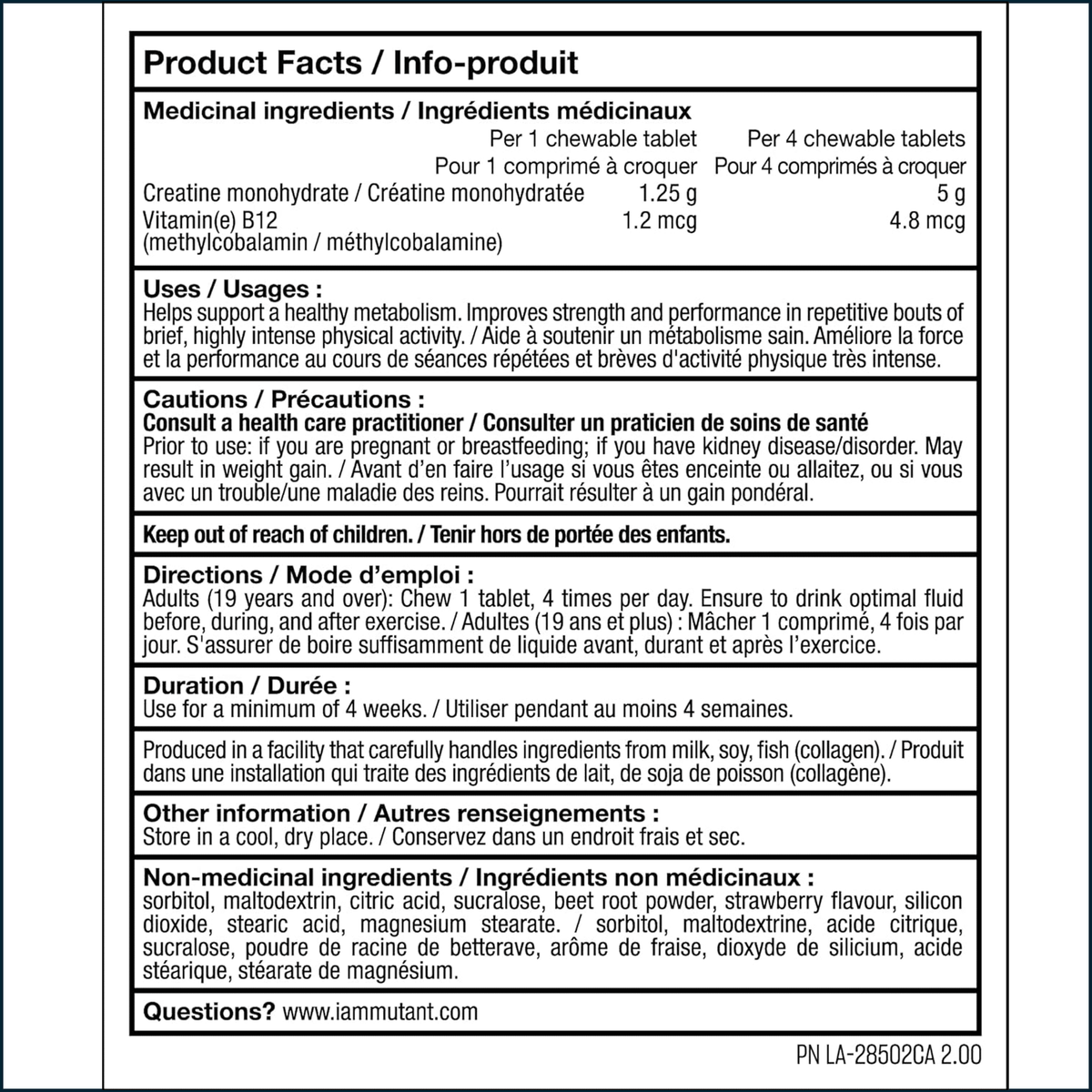 Product Facts / Info-produit label sheet for a chewable medicine product, showing French and English text with dosage, directions, storage, and non-medical ingredients on a white background.