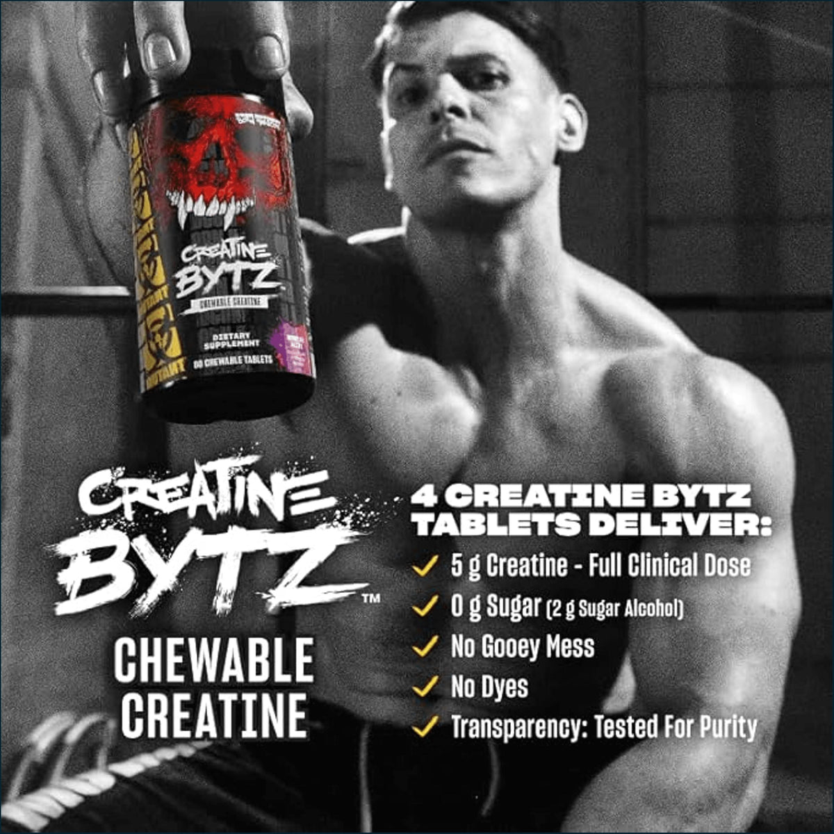 A muscular shirtless man in a gym setting holds a bottle of Vengeance Creatine Bytz chewable creatine. The image is black and white with promotional text highlighting the product's clinical dosage and purity testing.