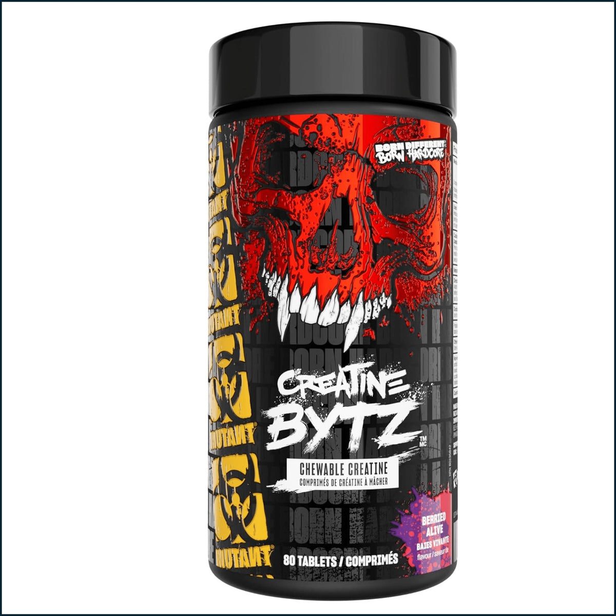 A black plastic bottle of Mutant Creations Creatine Bytz, featuring a bold red and black skull graphic on the label, with yellow side graphics and white text.