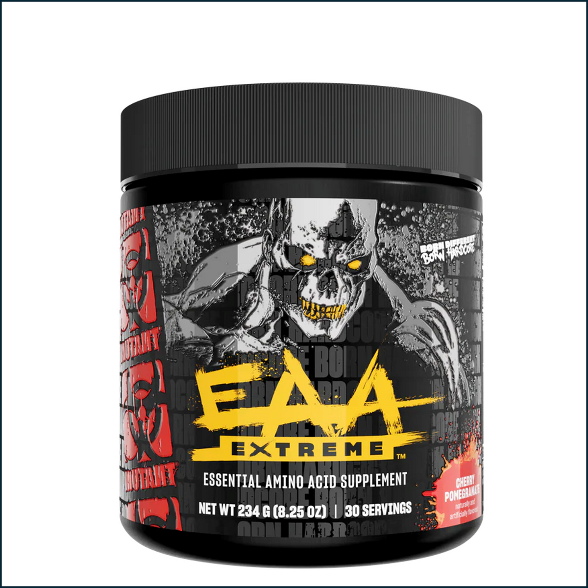 Supplement container labeled 'EAA Extreme' with a skull design on a white background
