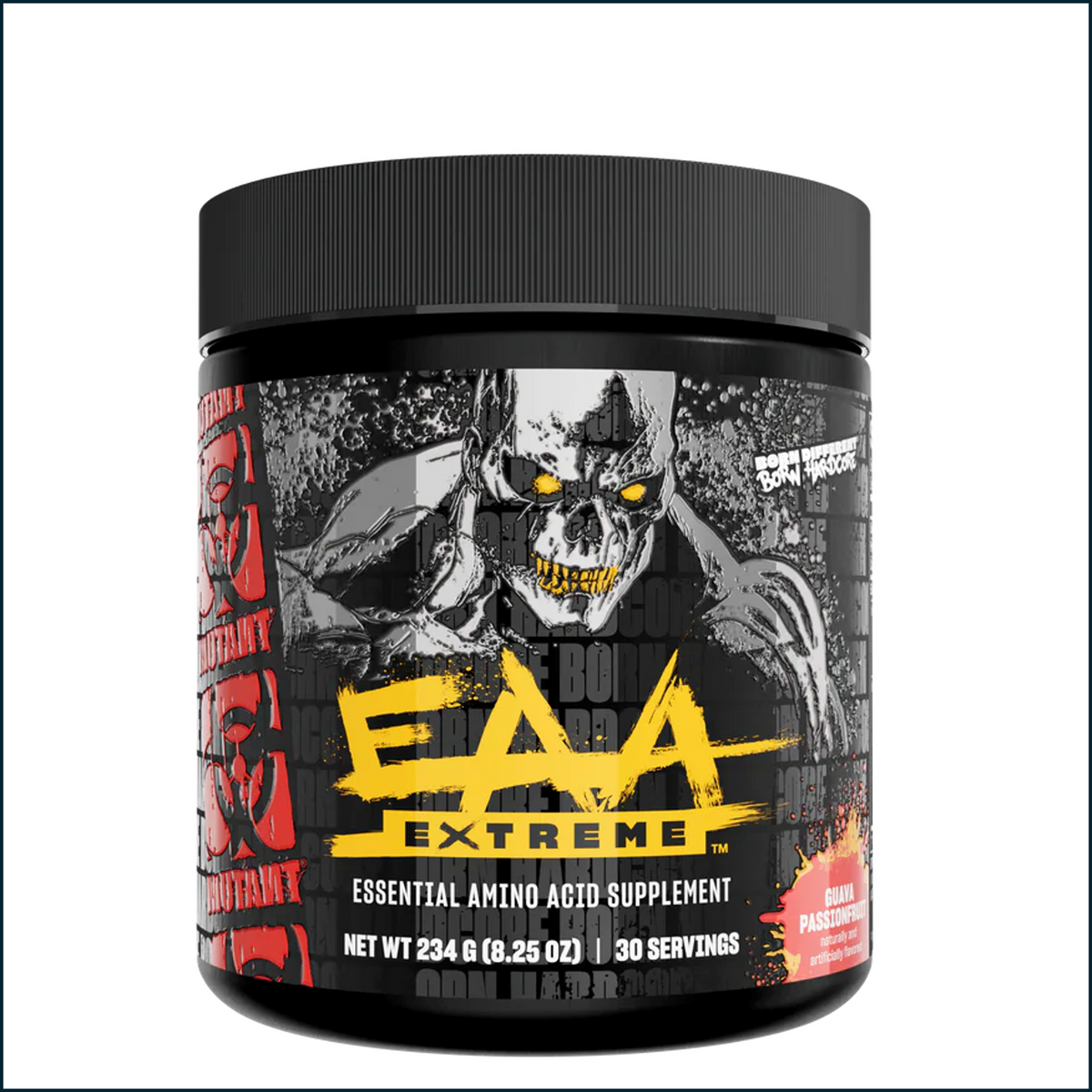 Supplement container labeled 'EAA Extreme' with a skull design on a white background
