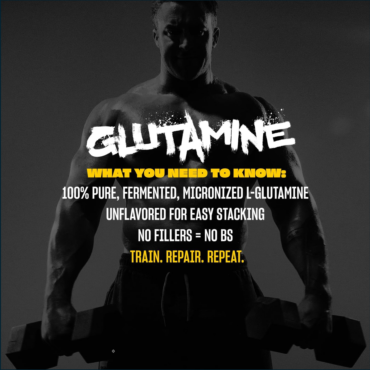 Muscular person holding dumbbells with text about glutamine on a dark background