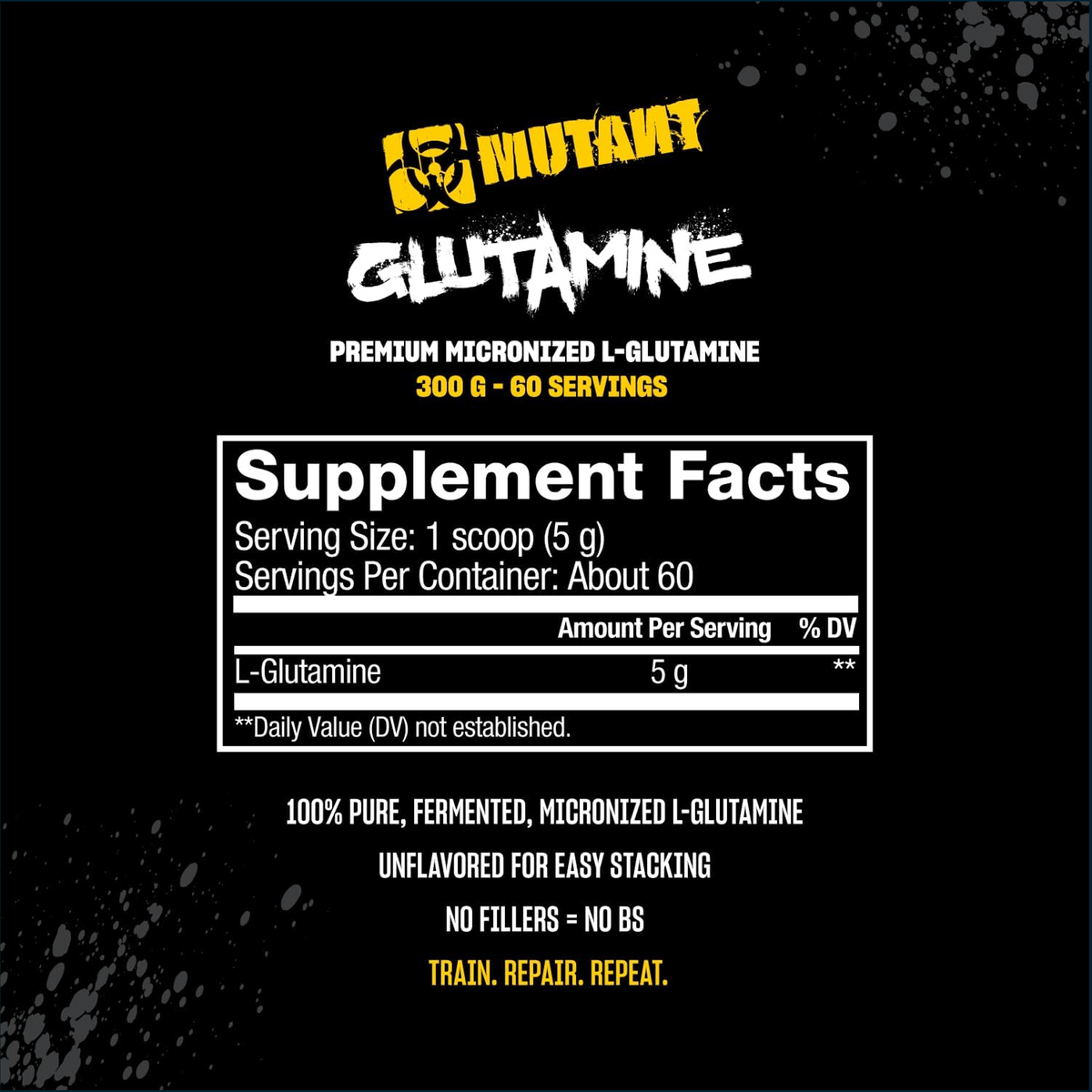 Mutant Glutamine supplement label on a black background