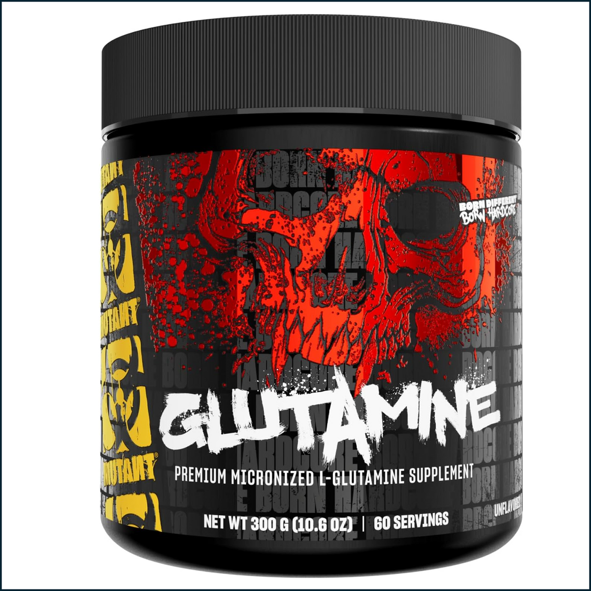 Supplement container labeled 'Glutamine' with a black, red, and yellow design on a white background.