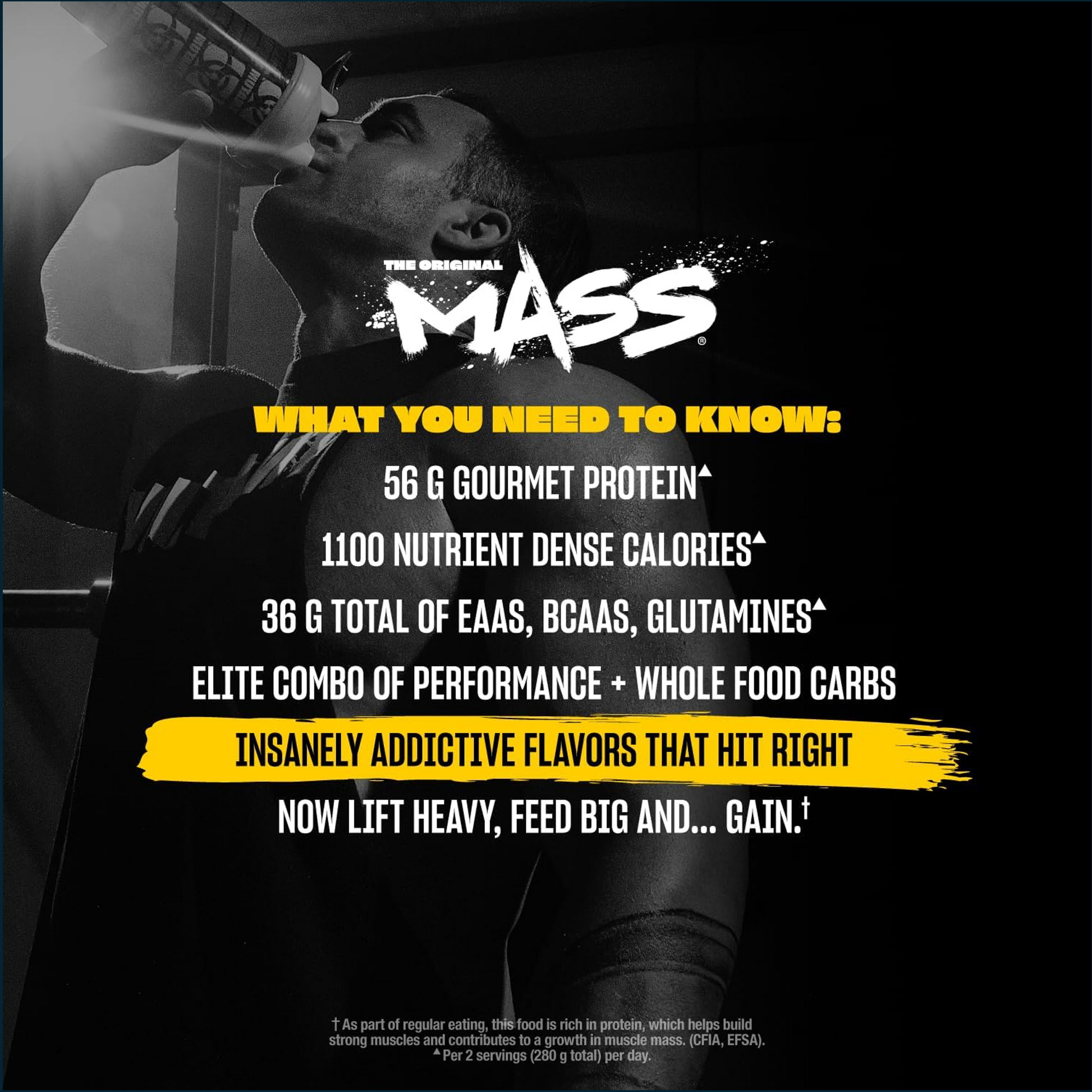 Advertisement for 'The Original Mass' protein supplement with a person lifting weights in the background.
