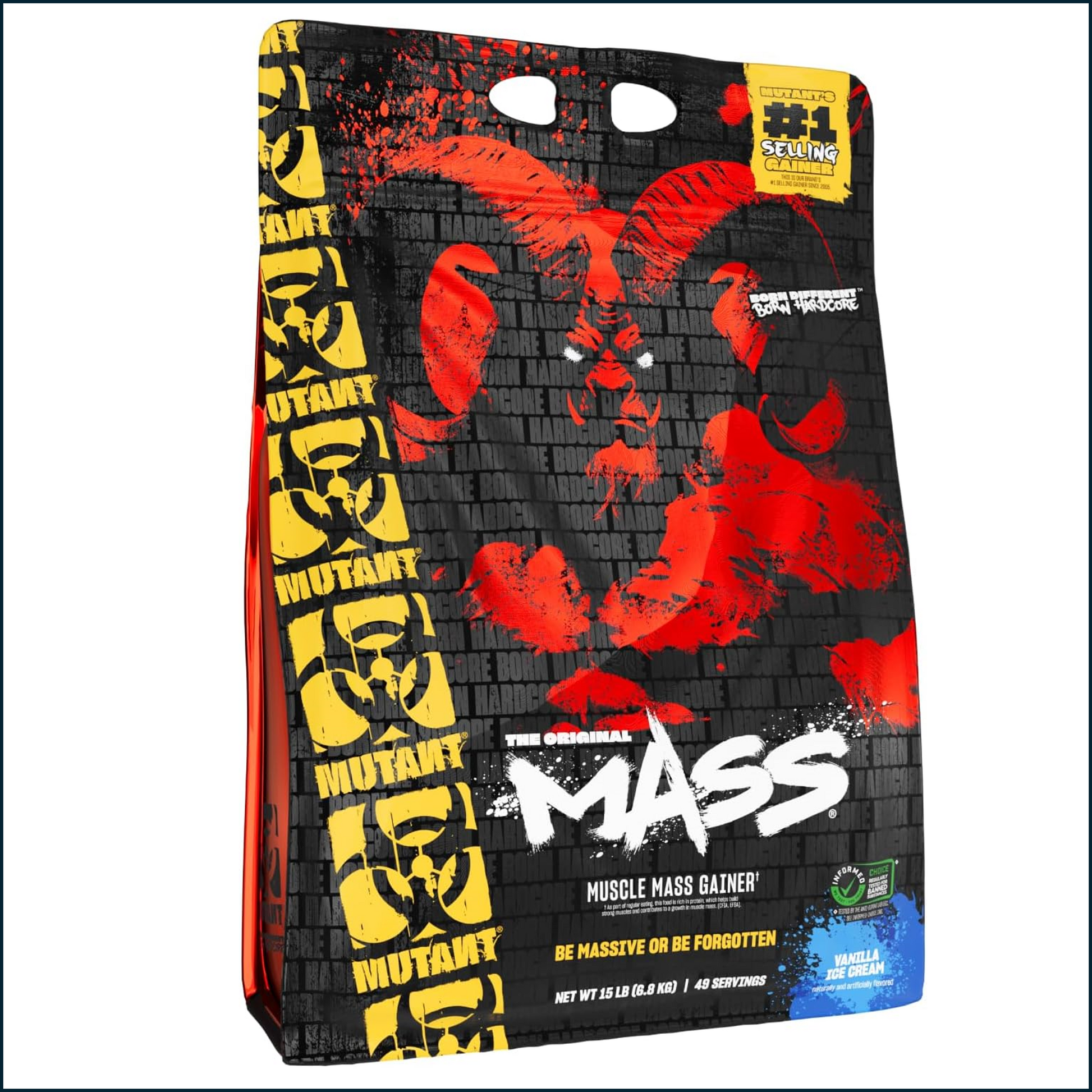 Mutant Mass muscle mass gainer packaging with red and yellow design