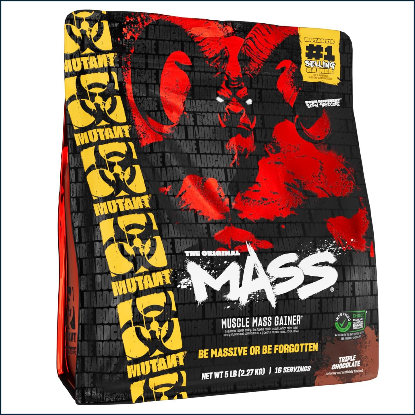 Mutant Muscle Mass Gainer supplement packaging with red and yellow design