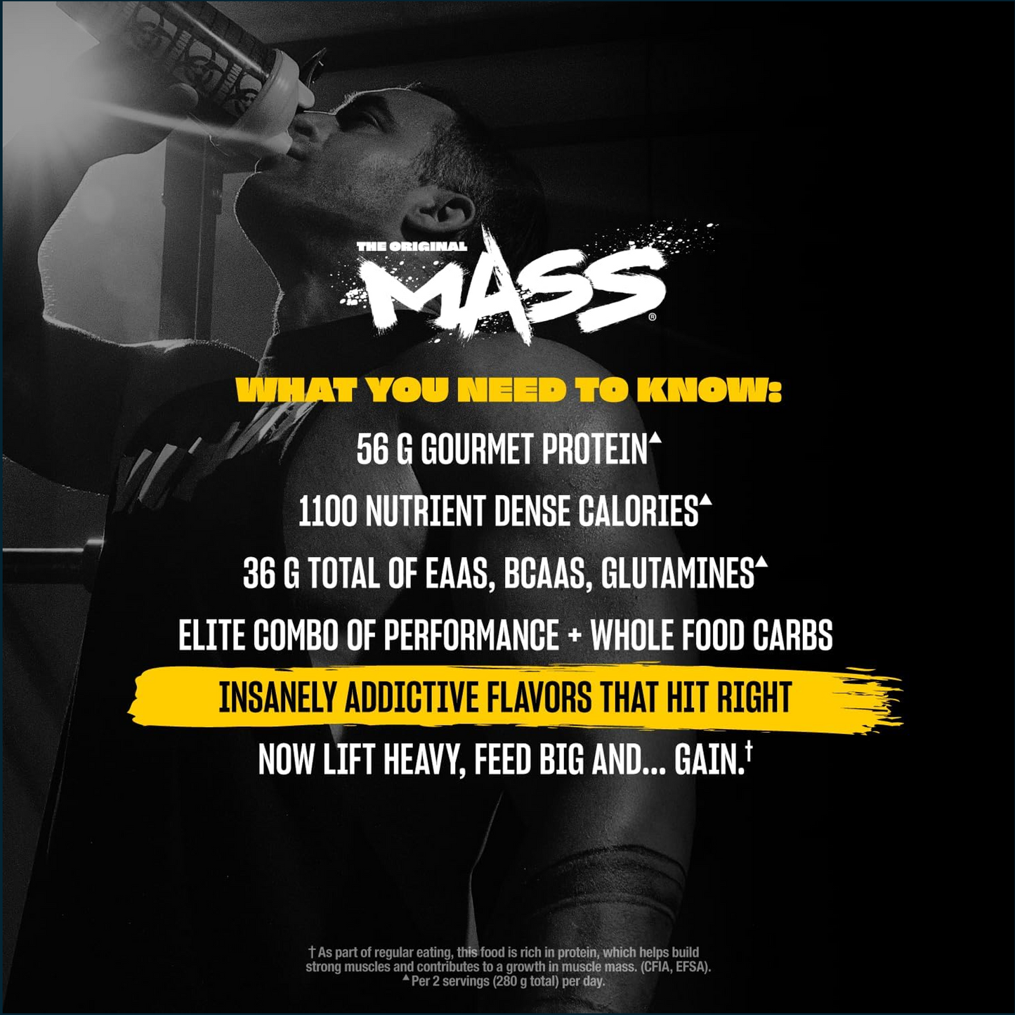 Advertisement for 'The Original Mass' protein supplement with a person lifting weights in the background.