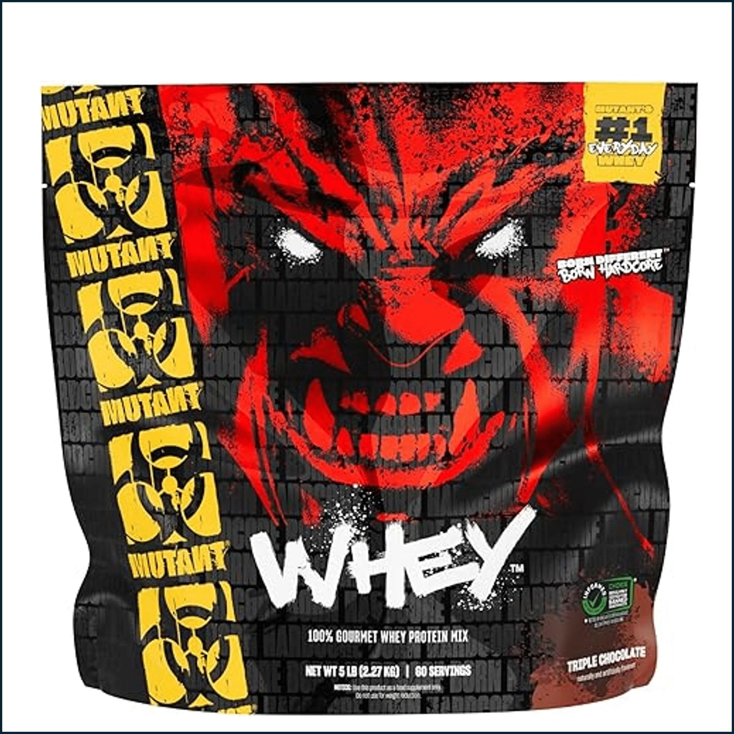 A bag of Mutant Whey Triple Chocolate 100% Gourmet Whey Protein Mix. The packaging features a bold, aggressive design with a red snarling wolf graphic on a black brick background, yellow Mutant logos on the left, and white 'WHEY' text at the bottom.