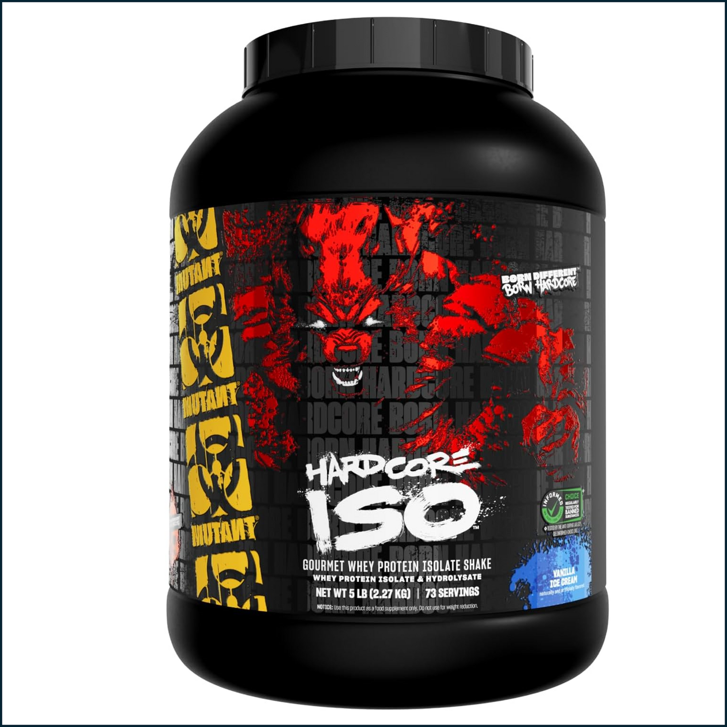 A large black tub of Hardcore ISO Gourmet Whey Protein Isolate Shake in Red Blood flavor, featuring a bold red and black label with a muscular graphic and yellow side panels.