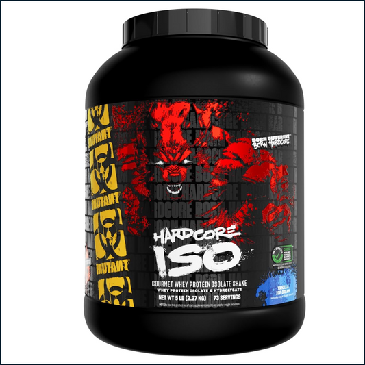 A large black tub of Hardcore ISO Gourmet Whey Protein Isolate Shake in Red Blood flavor, featuring a bold red and black label with a muscular graphic and yellow side panels.