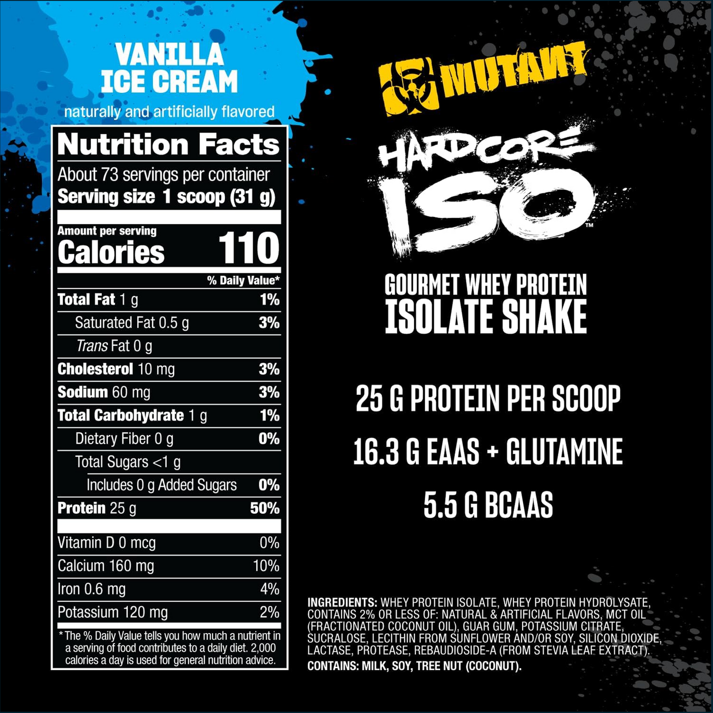 Nutrition facts and product information panel for a vanilla ice cream-flavored whey protein isolate shake. The left side shows a Nutrition Facts label with serving size, calories, and ingredient breakdown.