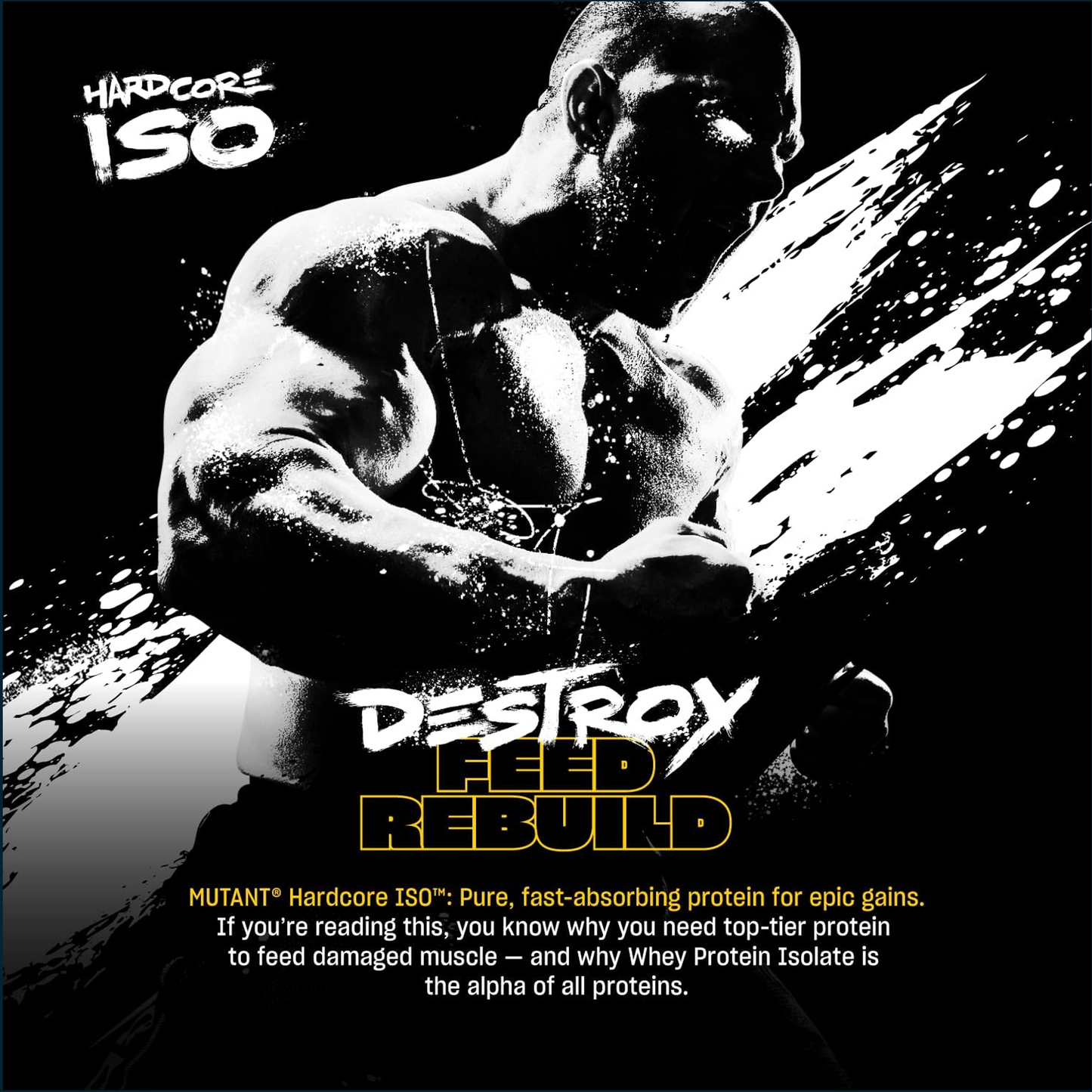 Muscular man lifting weights with 'Hardcore ISO' and 'Mutant' text on a black background