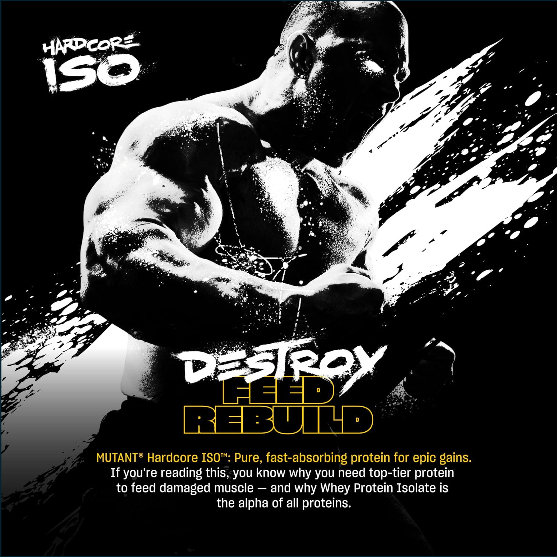 Muscular man lifting weights with 'Hardcore ISO' and 'Mutant' text on a black background