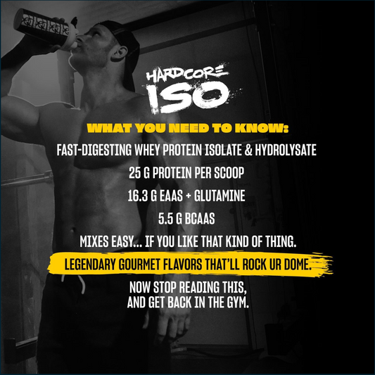 Promotional graphic for Hardcore ISO whey protein isolate, featuring a black-and-white photo of a shirtless man drinking from a bottle on the left, with product text on a dark background. The text highlights key selling points including fast-digesting protein, 25 g protein per scoop, and legendary gourmet flavors.