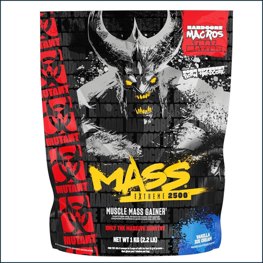 A bag of Hardcore Macros Mass Extreme 2500 Muscle Mass Gainer in Vanilla Ice Cream flavor. The packaging features a black and white graphic of a horned monster with glowing yellow eyes, bold yellow 'MASS' lettering, and red accents including 'MUTANT' text and logos.