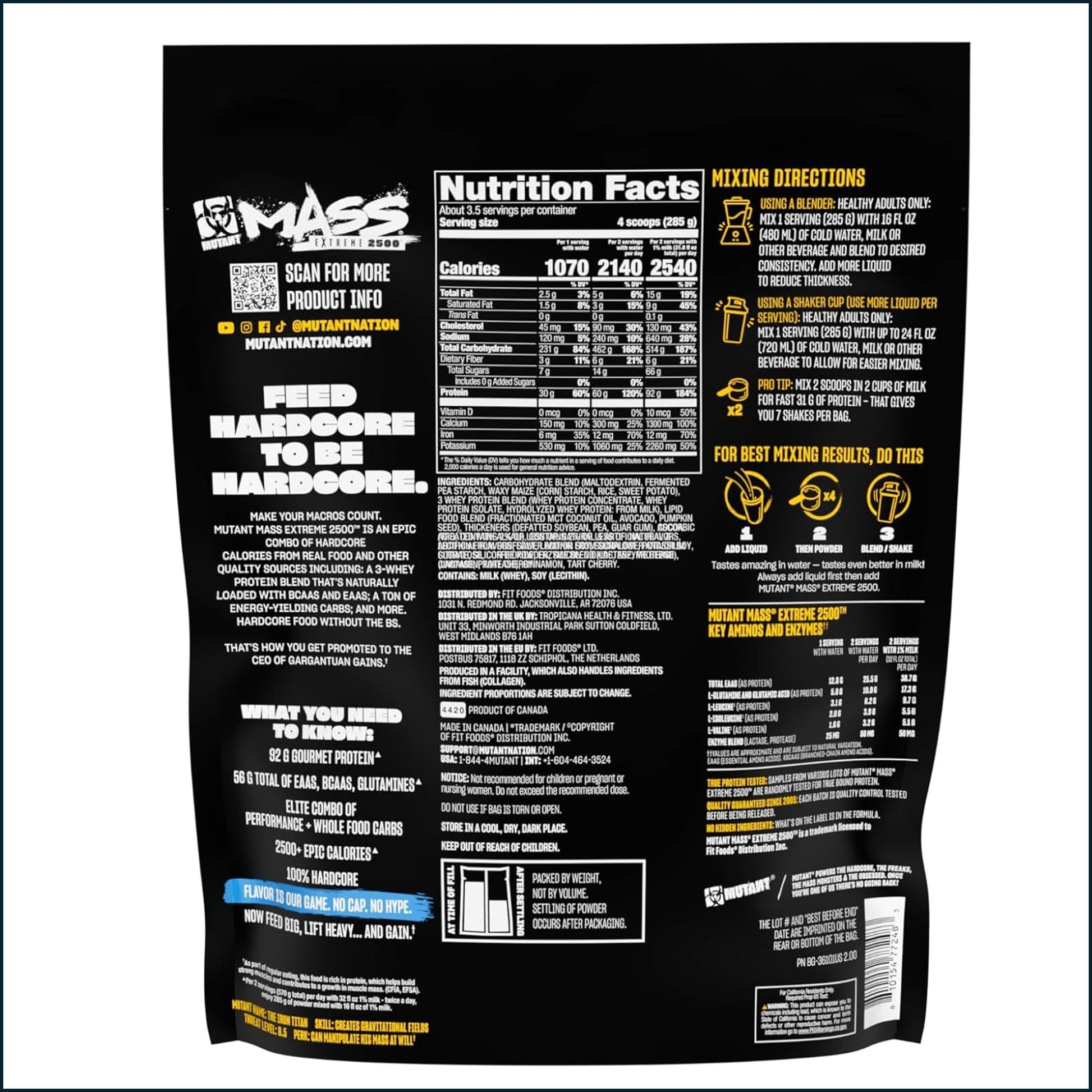 The back of a black bag of INNOVATION Nutrition 'Feed Hardcore' protein powder, featuring white and yellow text, a nutrition facts panel, and mixing instructions.