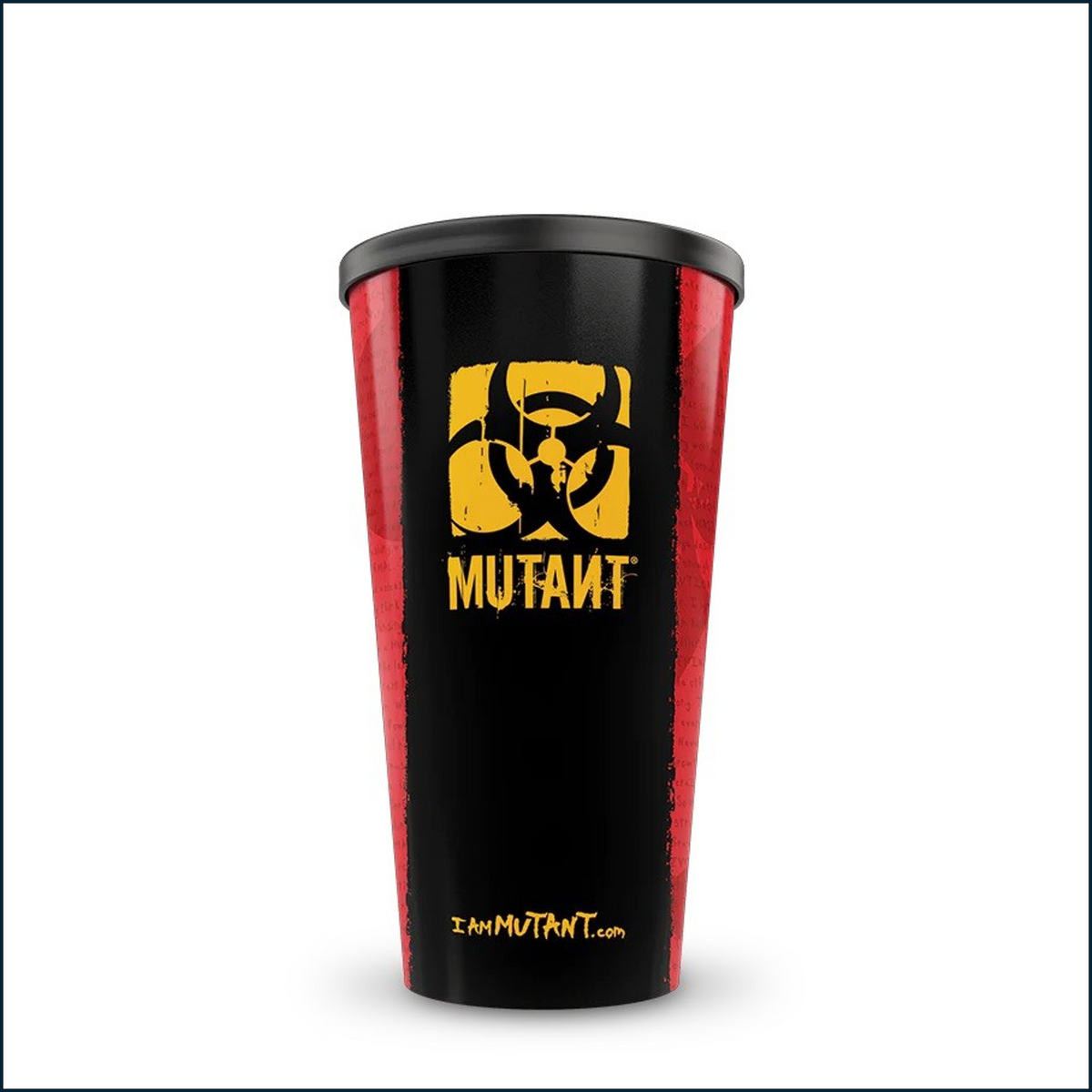 A black travel tumbler with red side panels, featuring a yellow biohazard symbol and the word 'MUTANT' on the front, with 'I'MMUTANT.com' printed near the bottom.