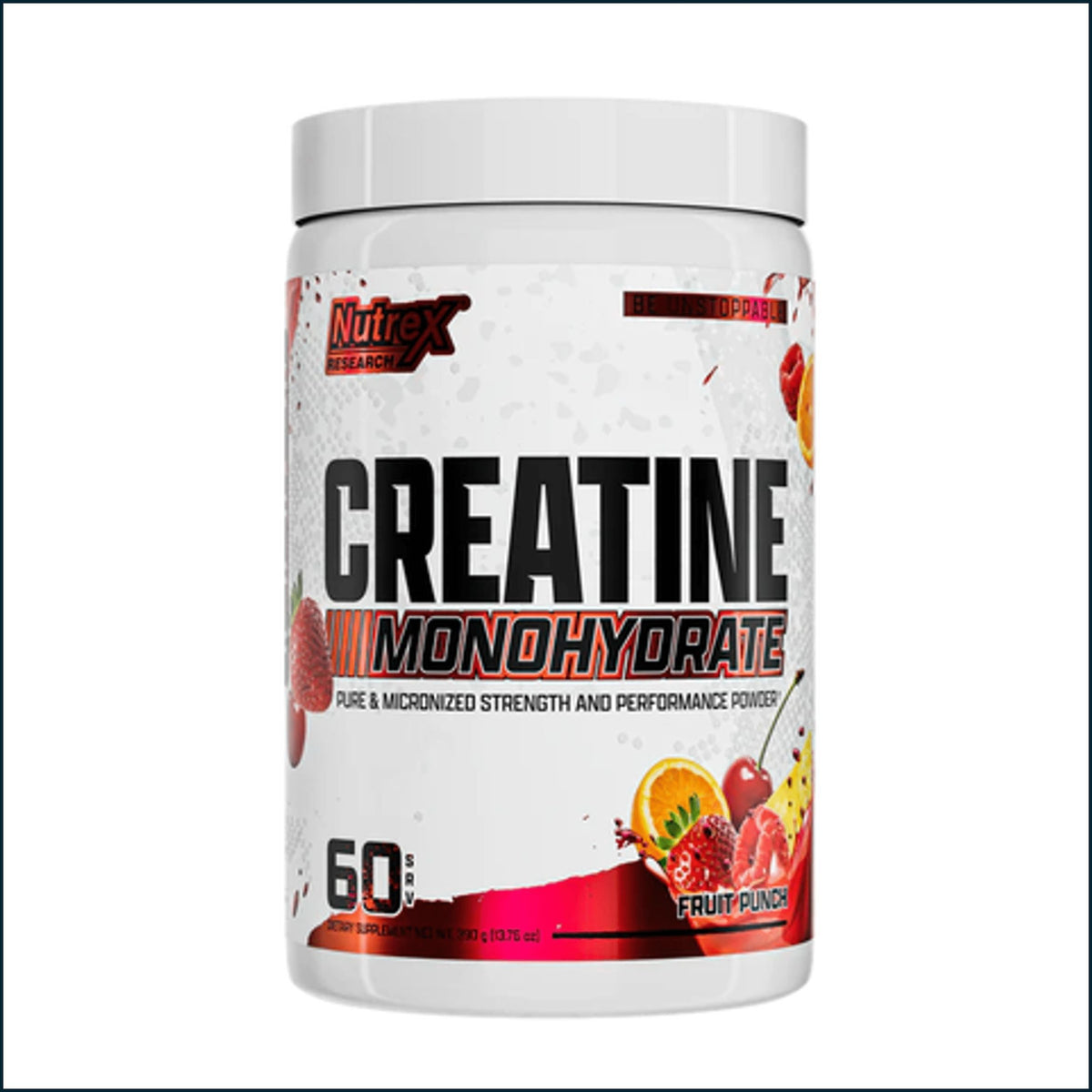 A white plastic tub of Nutrex Creatine Monohydrate powder in Fruit Punch flavor, featuring a white label with black and red text and fruit illustrations.