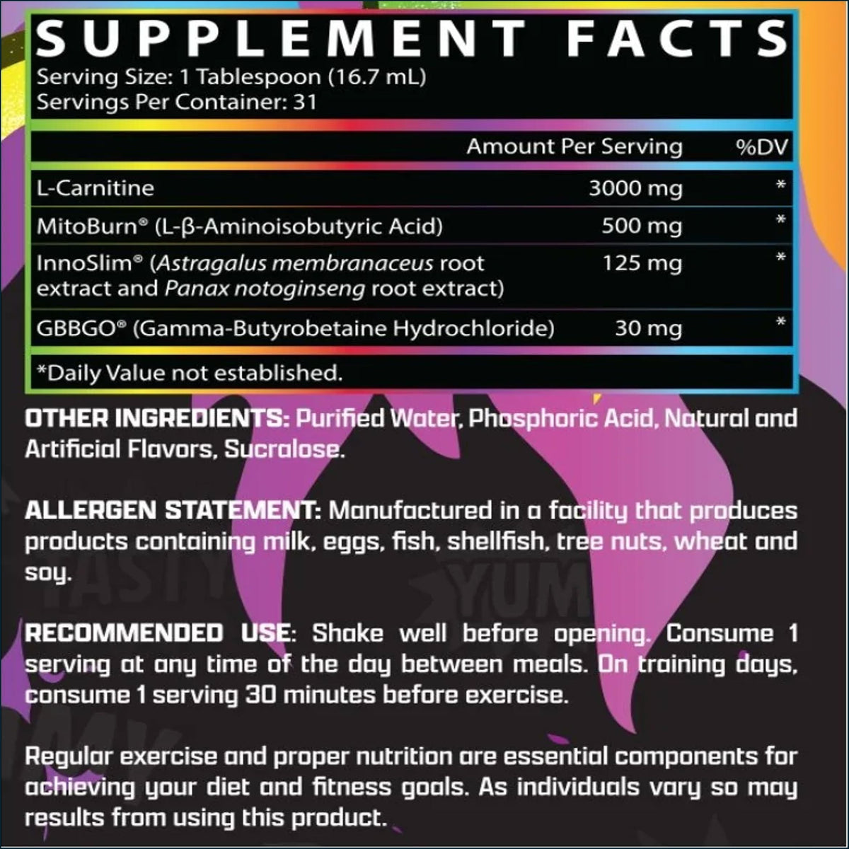 A close-up of a supplement facts label with text listing ingredients and serving information, overlaid on a purple abstract background with a black circular graphic.
