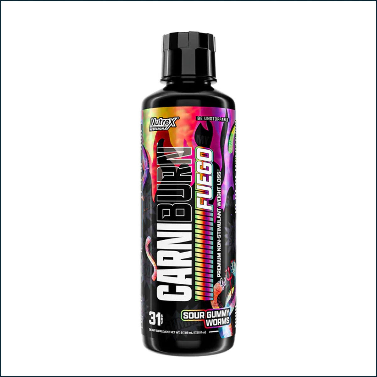 A bottle of Nutrex Carn Burn Fuego Sour Gummy Worms on a plain white background.
