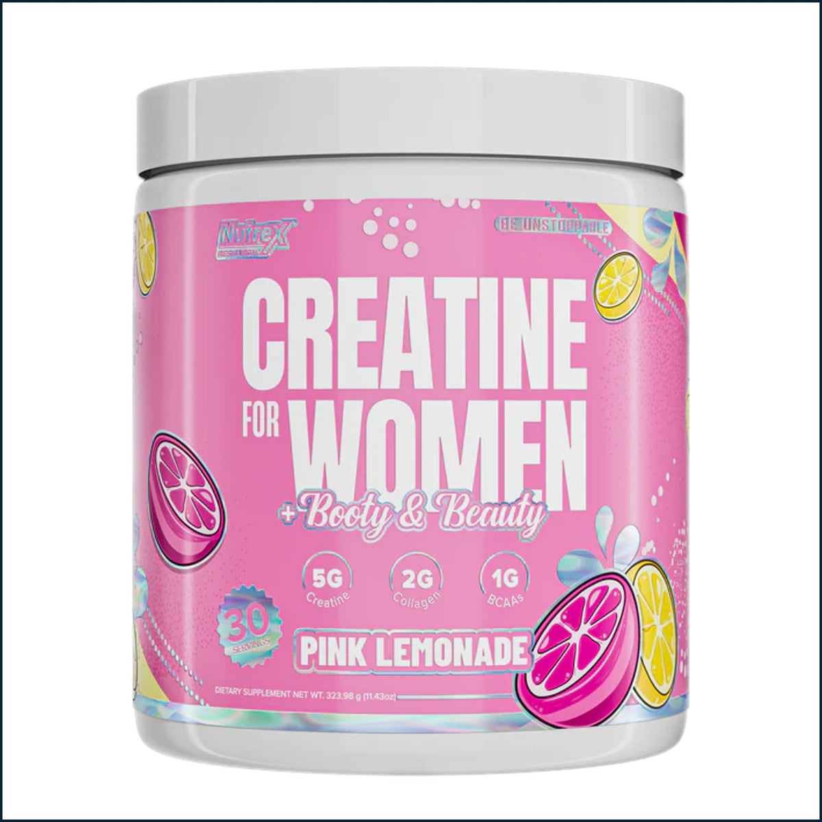 A white plastic tub of Mirax Creatine for Women in Pink Lemonade flavor, featuring a bright pink label with white text and illustrations of sliced pink and yellow lemons.