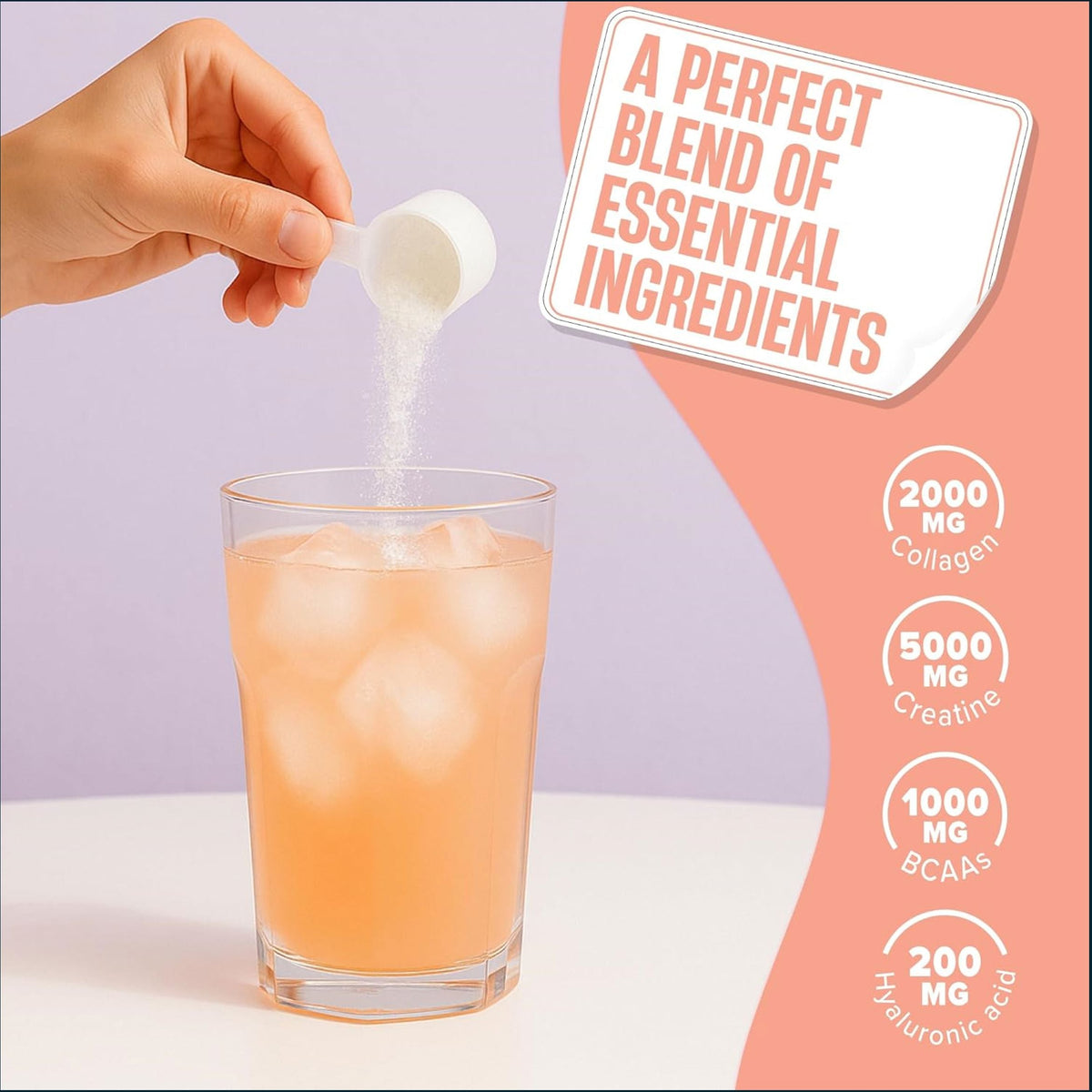 A hand holding a white scoop pours white powder into a clear glass of iced orange drink on a white surface, with a lavender and peach graphic background containing text about collagen, creatine, BCAAs, and hyaluronic acid.